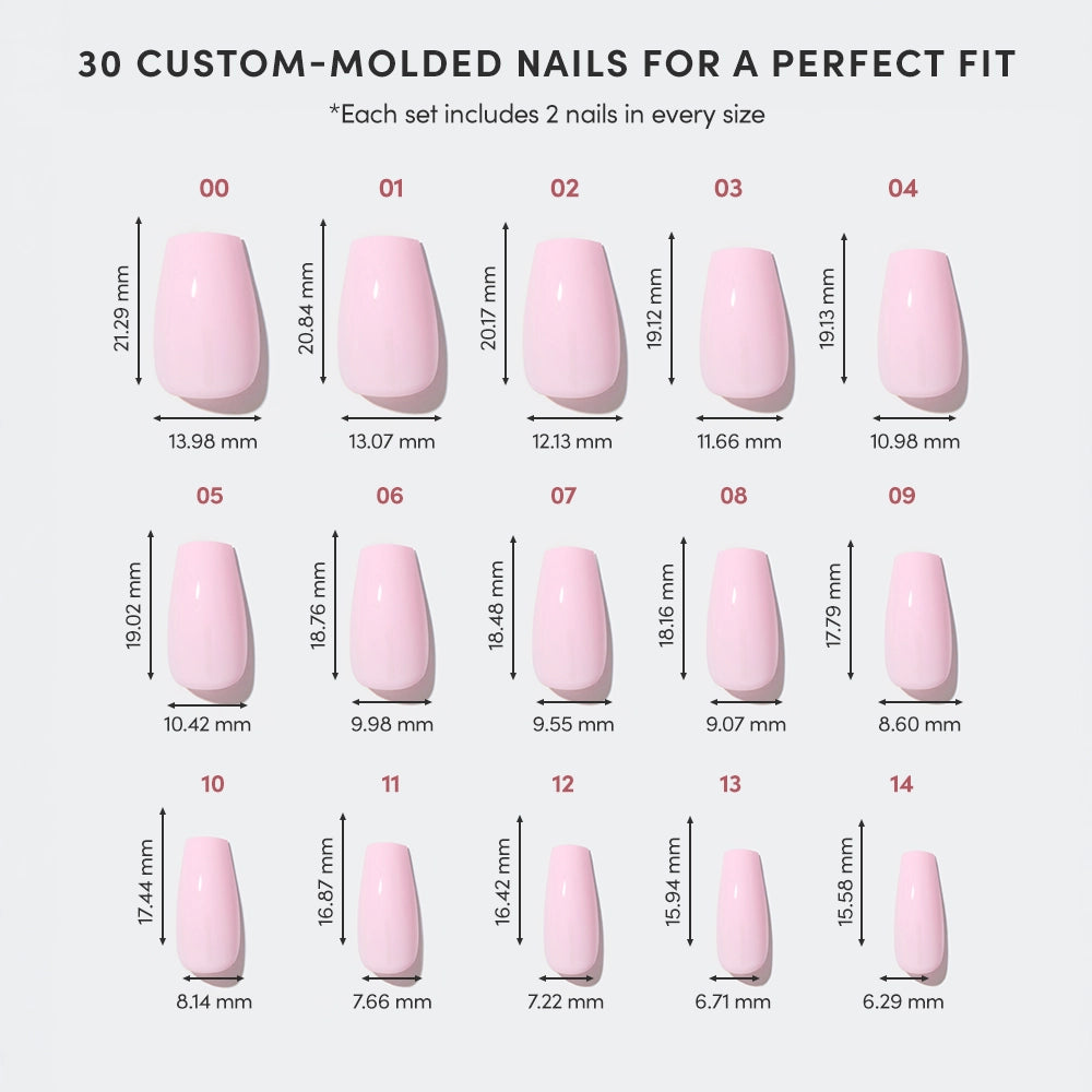 A chart displays 15 sizes of glamnetic Pink Statement glossy blush nails (00–14), each labeled with number, length, and width in mm, arranged in three rows. Text notes the set includes 2 medium coffin nails per size. - Product image