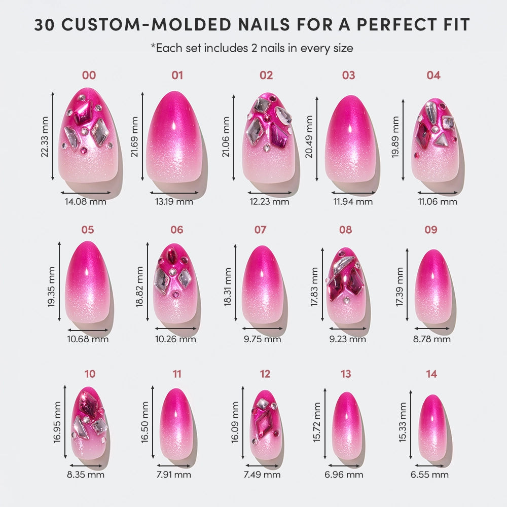 A chart displays 15 sizes of glamnetic Pink Tourmaline press-on nails with jewel accents, each labeled in millimeters to show different lengths and widths for a custom fit. - Product image