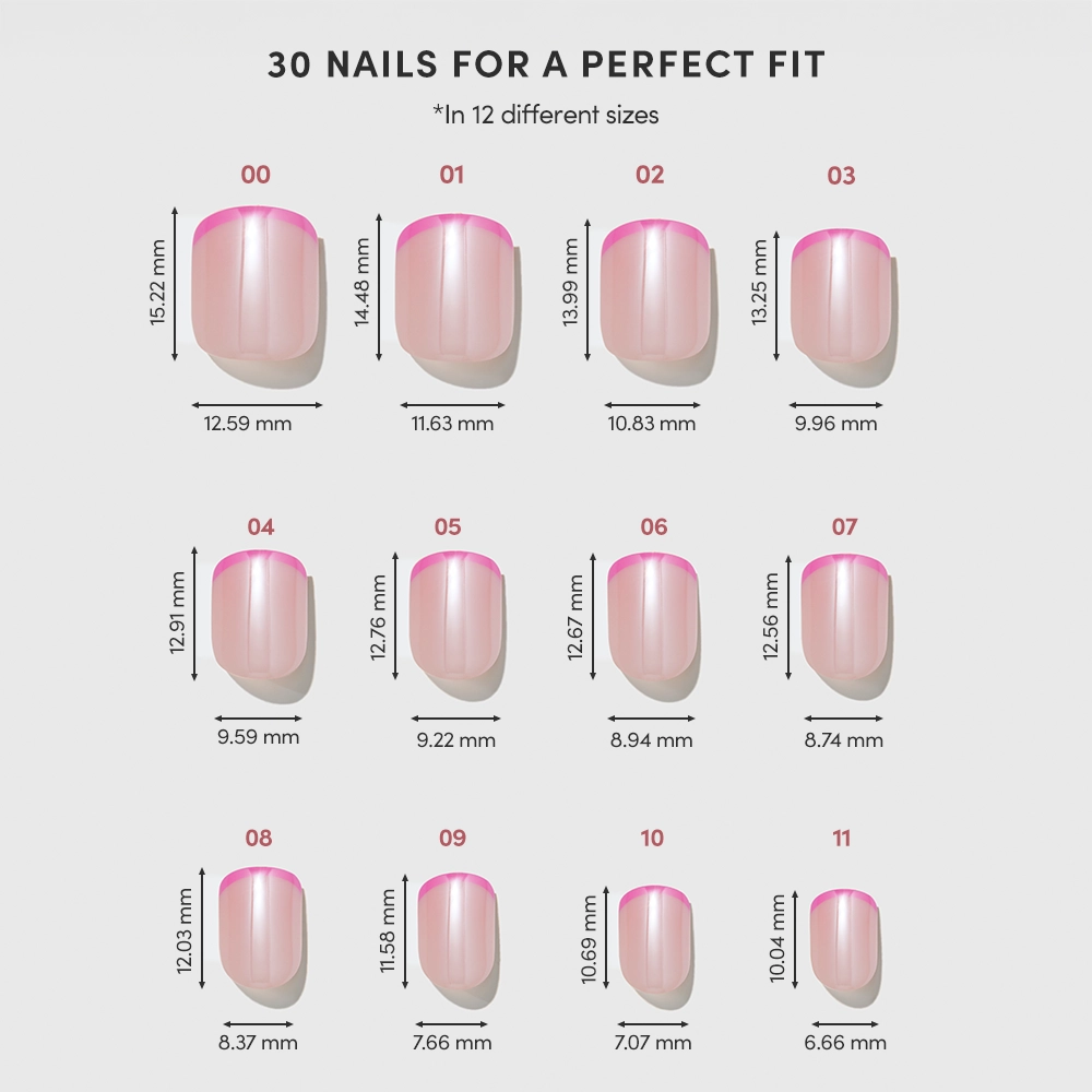 Chart displaying 12 glamnetic Pink Tutu artificial nail sizes (00–11) with length and width in millimeters. Each nail has a Pink Tutu hue and micro-French tips for a chic, modern style. - Product image