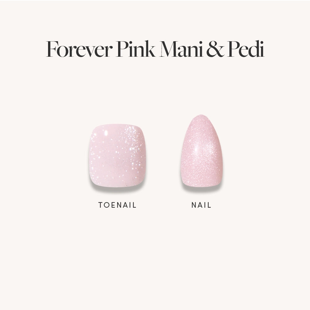 Two artificial nails are displayed: on the left, a square-shaped sparkly light pink press-on toenail; on the right, an almond-shaped shimmery velvet-finish nail. Above, text reads glamnetic Velvet Pink Mani & Pedi Bundles. - Product image