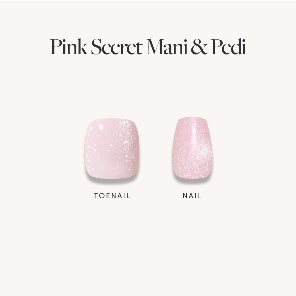 The Velvet Pink Mani & Pedi Bundles by glamnetic feature light pink glitter press-on nails for toes and fingers, shown in a minimalist display—showcasing the ideal matching set for a flawless manicure and pedicure. - Product image