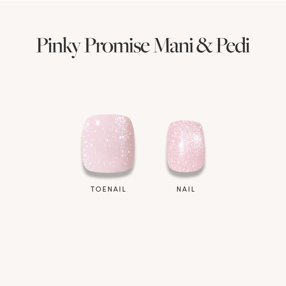 Two artificial nails labeled toenail and nail, both painted light pink with fine white glitter for a velvet finish, appear under the text Velvet Pink Mani & Pedi Bundles by glamnetic—ideal for anyone seeking pink press-on nails for hands and feet. - Product image