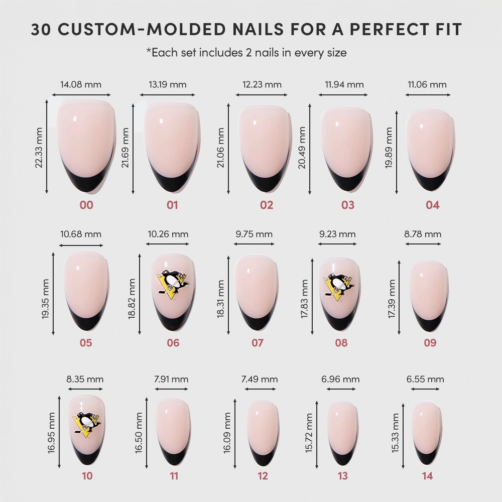 The glamnetic Pittsburgh Penguins Press-On Nail Set includes 30 custom-molded nails in 15 sizes, each labeled with length and width. Inspired by the Fanatics collab, designs feature black tips or bee motifs from largest to smallest for a unique look. - Product image