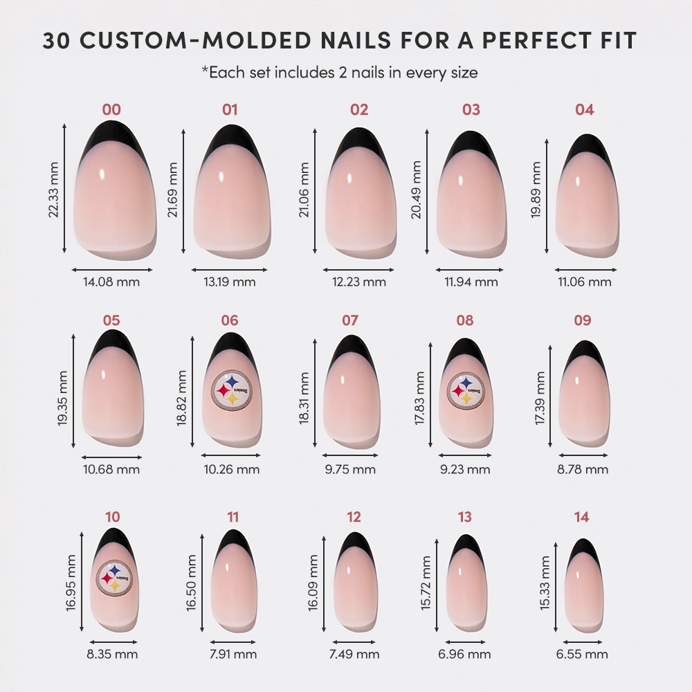 The glamnetic Pittsburgh Steelers Press-On Nail Set features 15 custom-molded nails in various sizes with black French tips and select nails sporting the Steelers logo. Each nail displays its size and measurements in millimeters for width and length. - Product image