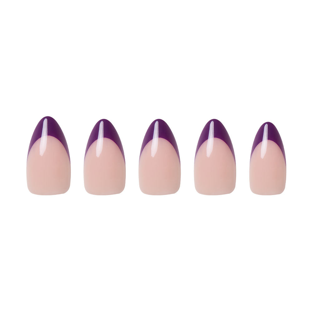 Five short almond nails from glamnetics Plum set feature a nude pink base with bold, dark purple French tips, arranged side by side on a white background to showcase their elegant design. - Product image
