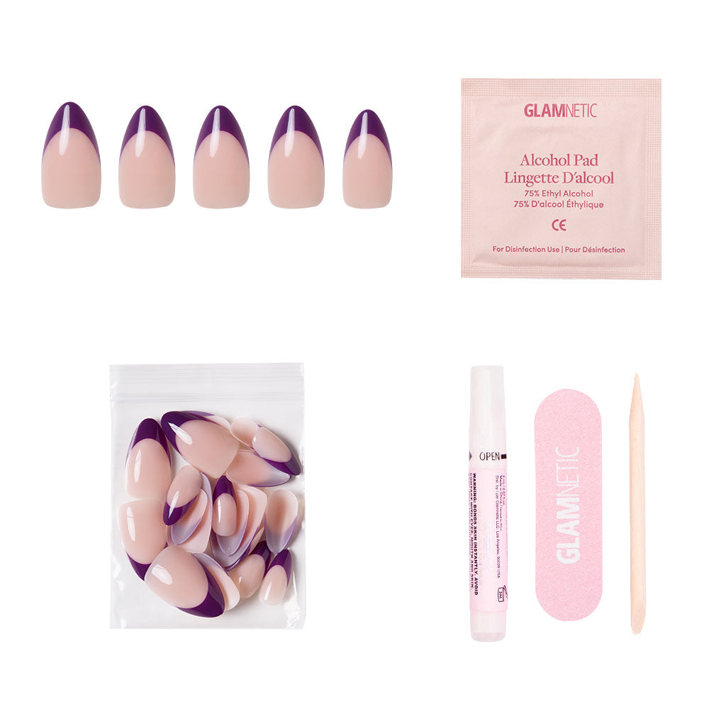 The glamnetic Plum Nail Set includes short almond nails with pink and dark purple French tips, extra nail tips, nail glue, a pink nail file, wooden cuticle stick, and alcohol pad—all arranged on a white background. - Product image