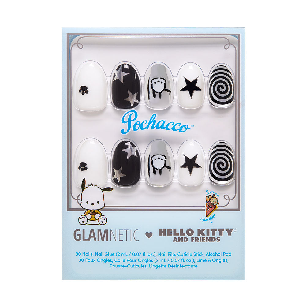 A black and white Pochacco™ press-on nail set with stars, paws, hearts, and spirals in a playful Sanrio design. Comes in packaging labeled “Pochacco” and “Glamnetic x Hello Kitty and Friends.”. - Product image