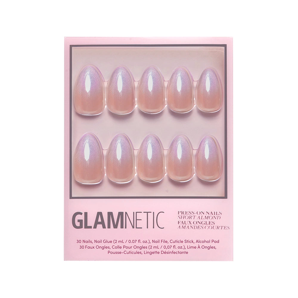 A pink plastic box of glamnetics Polar Day set with shimmery velvet lilac fake nails in a short almond shape. - Product image