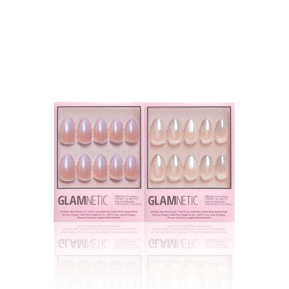 Product image of Glamnetic’s ‘Polar Day’ press-on nail duo featuring two chrome-effect finishes: one iridescent blush pink and the other in a soft golden pearl. Both sets shown in pink packaging without accessories. - Product image