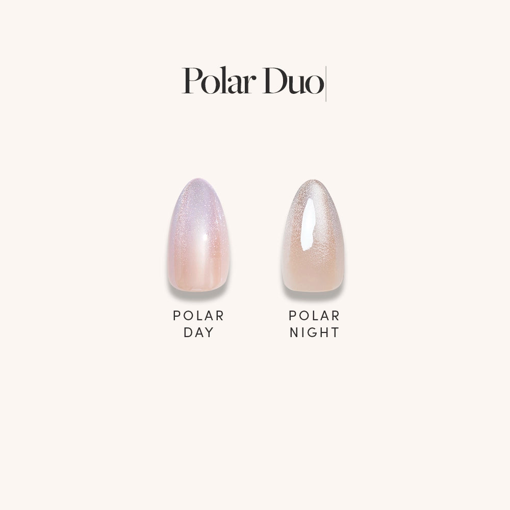 Two nail polish shades labeled 'Polar Day' and 'Polar Night' on a white background. - Product image