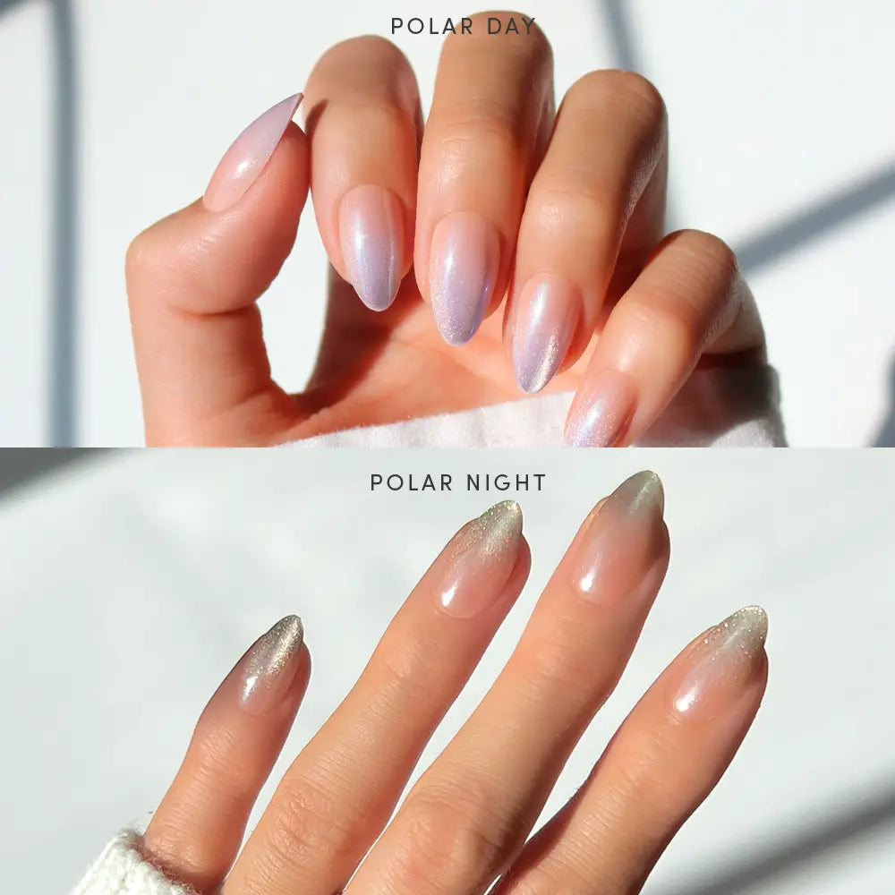 Close-up of a hand with 'Polar Day' nail polish on a white background - Product image