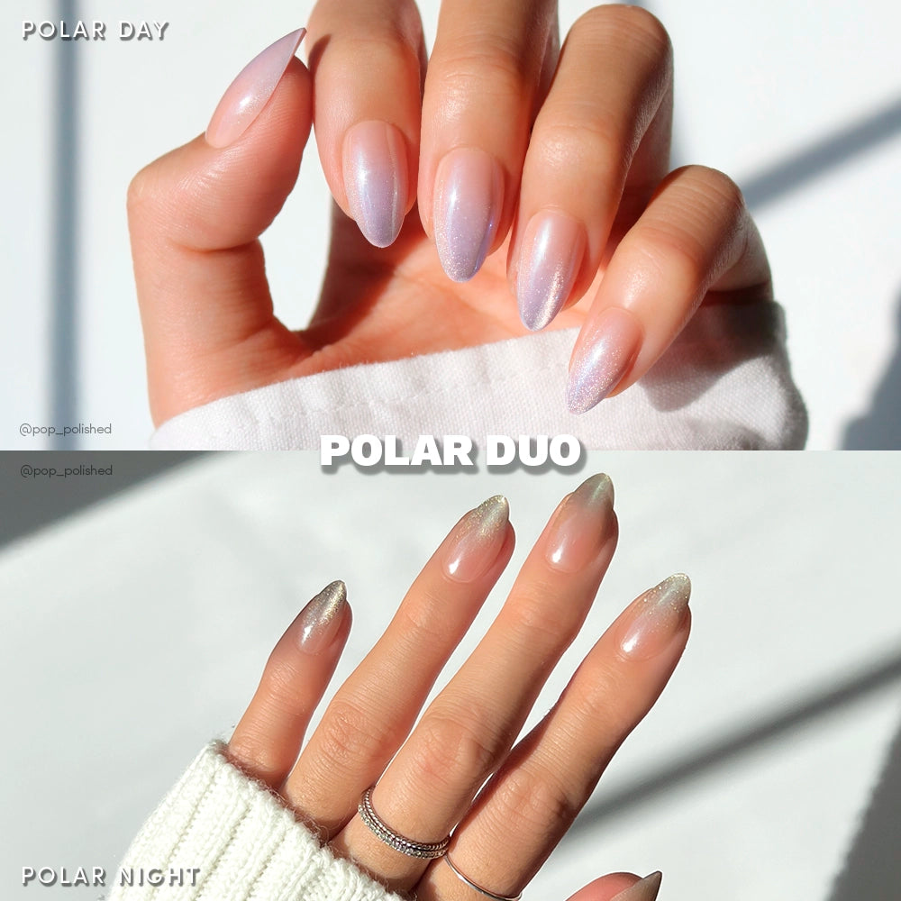 Close-up of a hand with 'Polar Day' nail polish on a white background - Product image