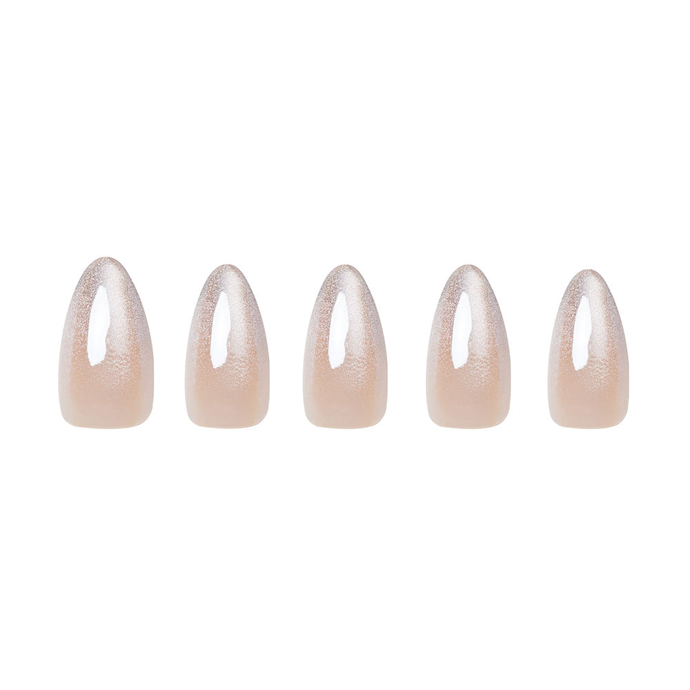 Five Polar Night artificial almond nails by glamnetic, featuring a glossy, nude pink shade with a subtle shimmer, are arranged in a row on a white background to highlight their shiny velvet finish. - Product image