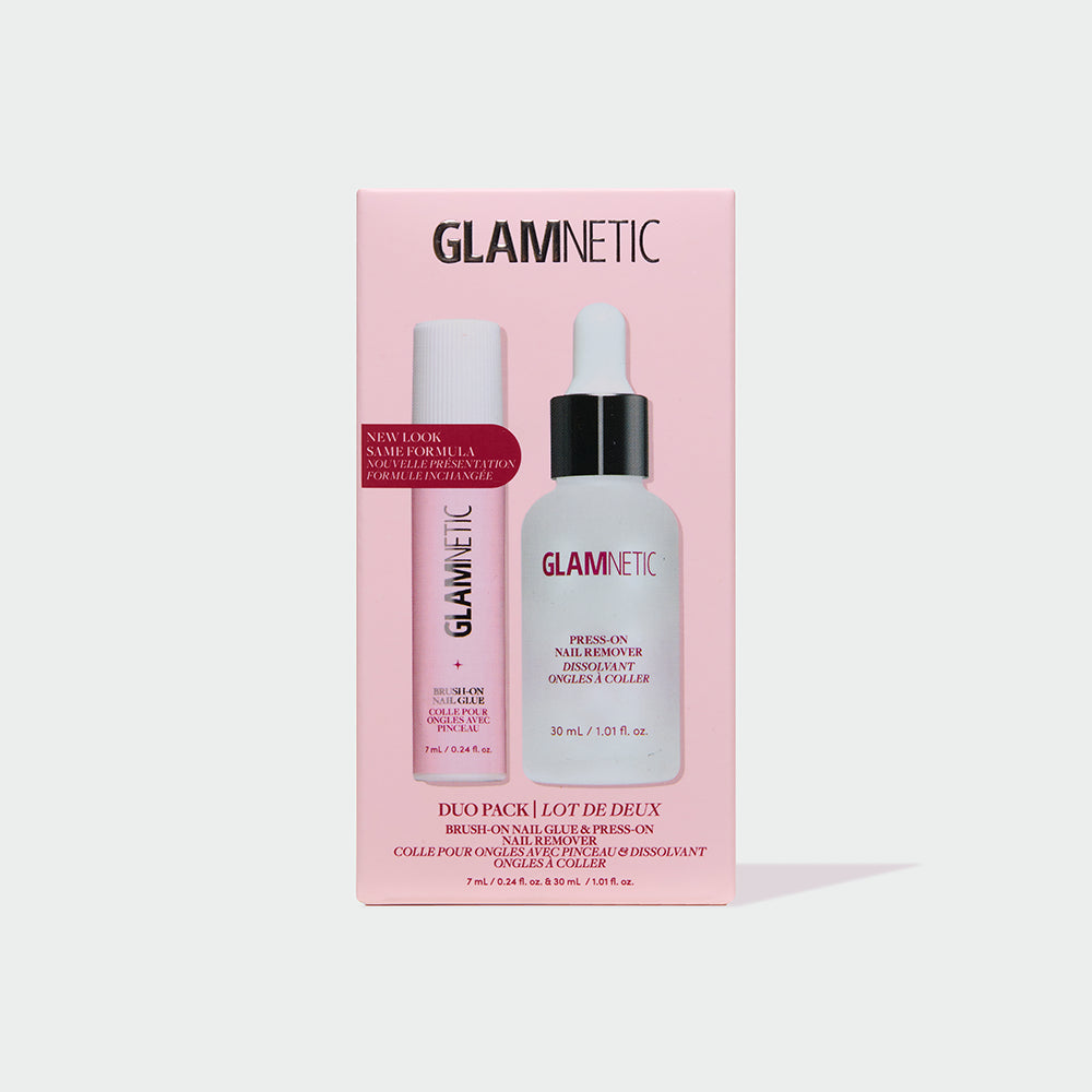The glamnetic Press & Perfect Duo Pack comes in a pink and white box with a clear window displaying both the brush-on lash adhesive and remover. The packaging features black and pink text—perfect for pairing with your favorite press-on nails.