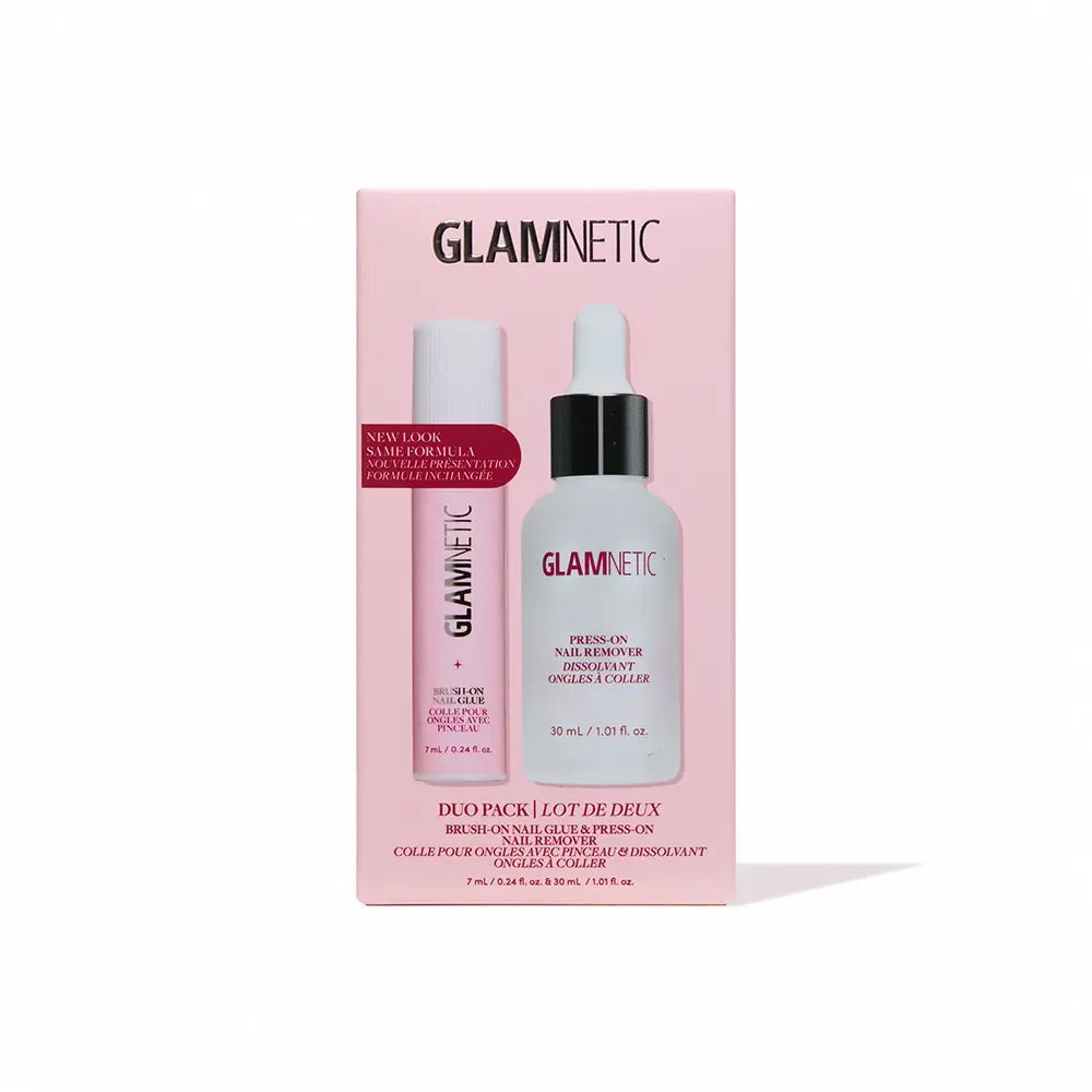 The glamnetic Press & Perfect Duo Pack comes in a pink and white box with a clear window displaying both the brush-on lash adhesive and remover. The packaging features black and pink text—perfect for pairing with your favorite press-on nails.