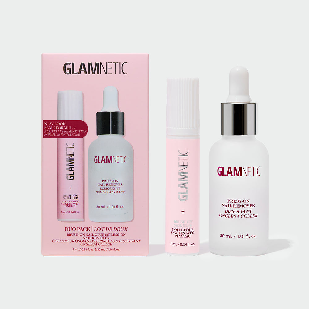 Glamnetic’s Press & Perfect Duo Pack features a sleek pink box containing a clearly labeled small nail glue bottle with a pink cap and a larger nail remover bottle with a white cap, providing everything you need for seamless press-on nails.