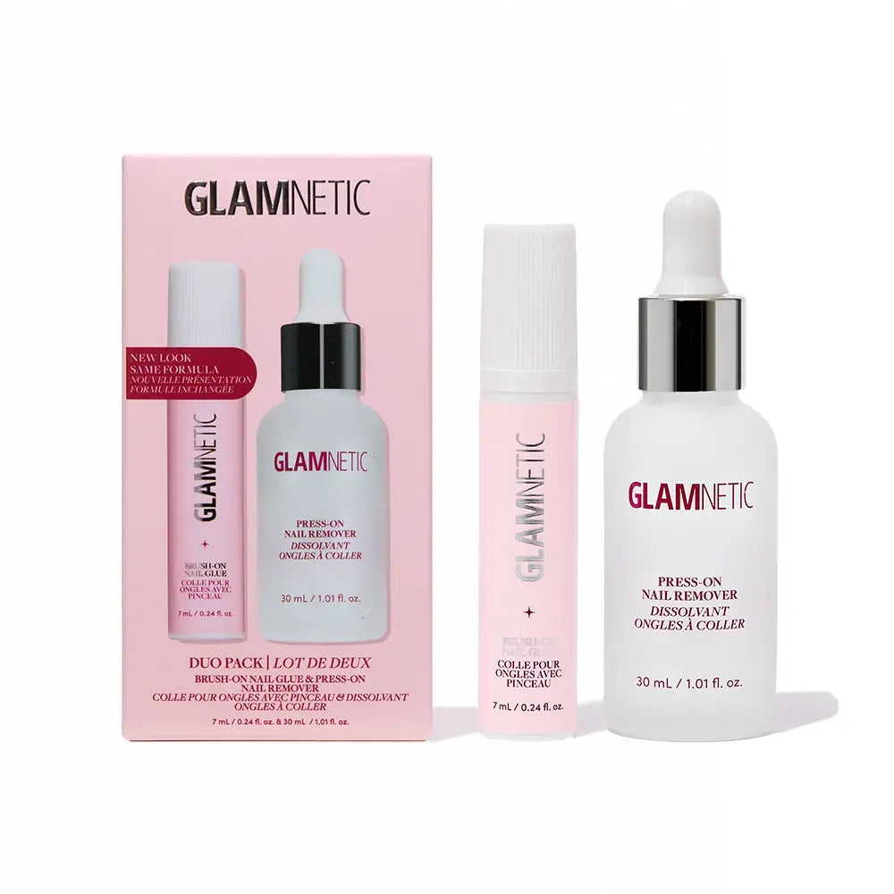 Glamnetic’s Press & Perfect Duo Pack features a sleek pink box containing a clearly labeled small nail glue bottle with a pink cap and a larger nail remover bottle with a white cap, providing everything you need for seamless press-on nails.