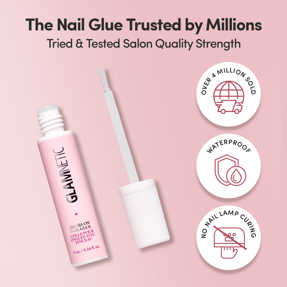 Open tube of glamnetic Press & Perfect nail glue on a pink background, with text emphasizing its salon-strength hold, waterproof formula, and no lamp curing required. Ideal for press-on nails, this product ensures easy and long-lasting at-home manicures. Three icons highlight over 4 million sold, waterproof performance, and that no lamp is needed—plus it pairs perfectly with your favorite nail remover for smooth application and removal. - Product image