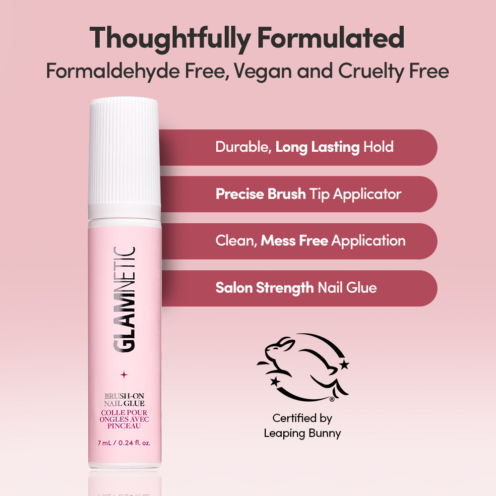 A pink bottle of glamnetic Press & Perfect brush-on nail glue is displayed, featuring text that emphasizes its vegan, cruelty-free, and formaldehyde-free formula. Ideal for applying press-on nails, this nail glue offers salon strength and a long-lasting hold. The Leaping Bunny certified logo is also shown. - Product image