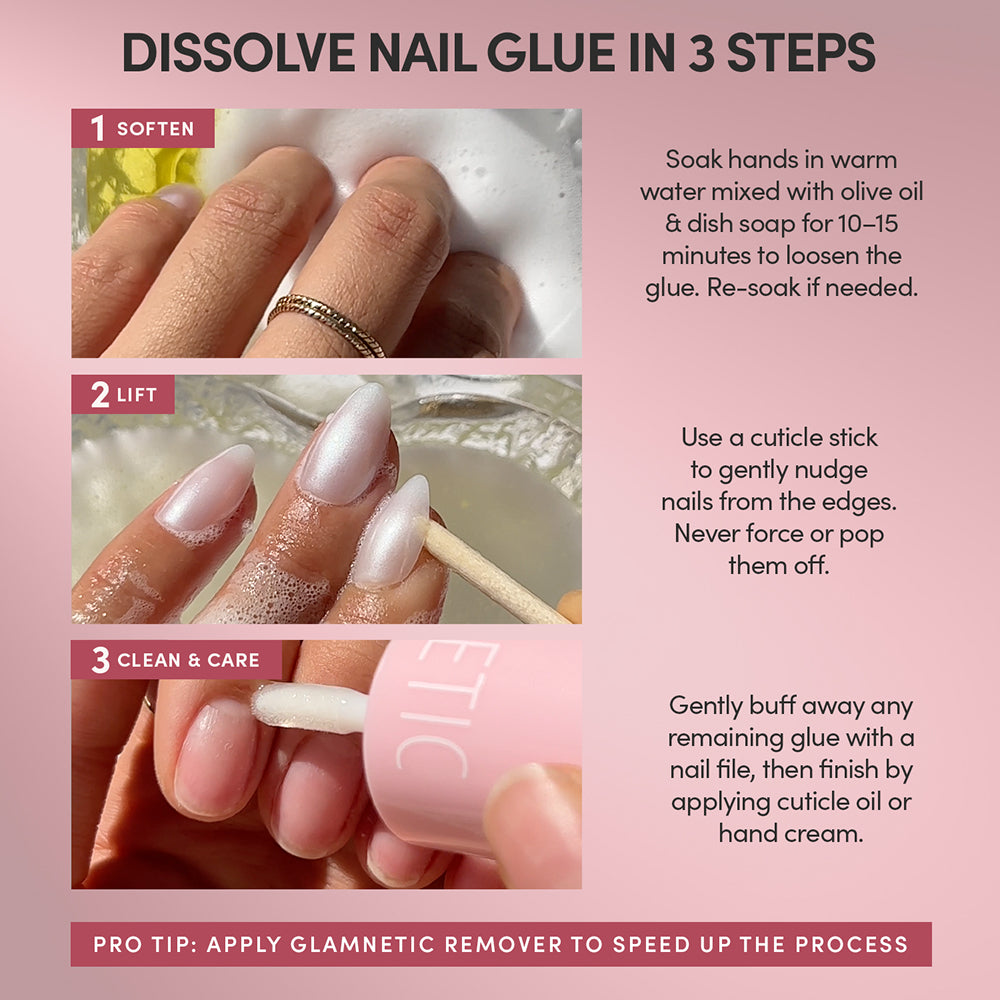 Here’s a rewritten version using your product data: Remove your Press & Perfect press-on nails by glamnetic in three easy steps: first, soak your nails in soapy water; second, gently lift the nails with a cuticle stick; finally, buff off any remaining glue and apply oil or nail cream. Instructions and images guide you through each step for effortless at-home nail removal. - Product image