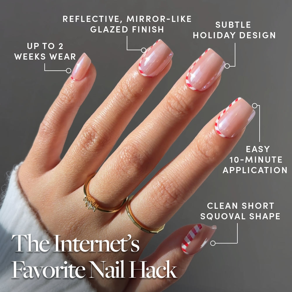 Pretty in Peppermint - A hand displays Glamnetic Pretty in Peppermint press-on nails with short, squoval-shaped glazed tips, featuring a reflective finish and red and white candy cane-style stripes, alongside labels describing the design, application, and durability.