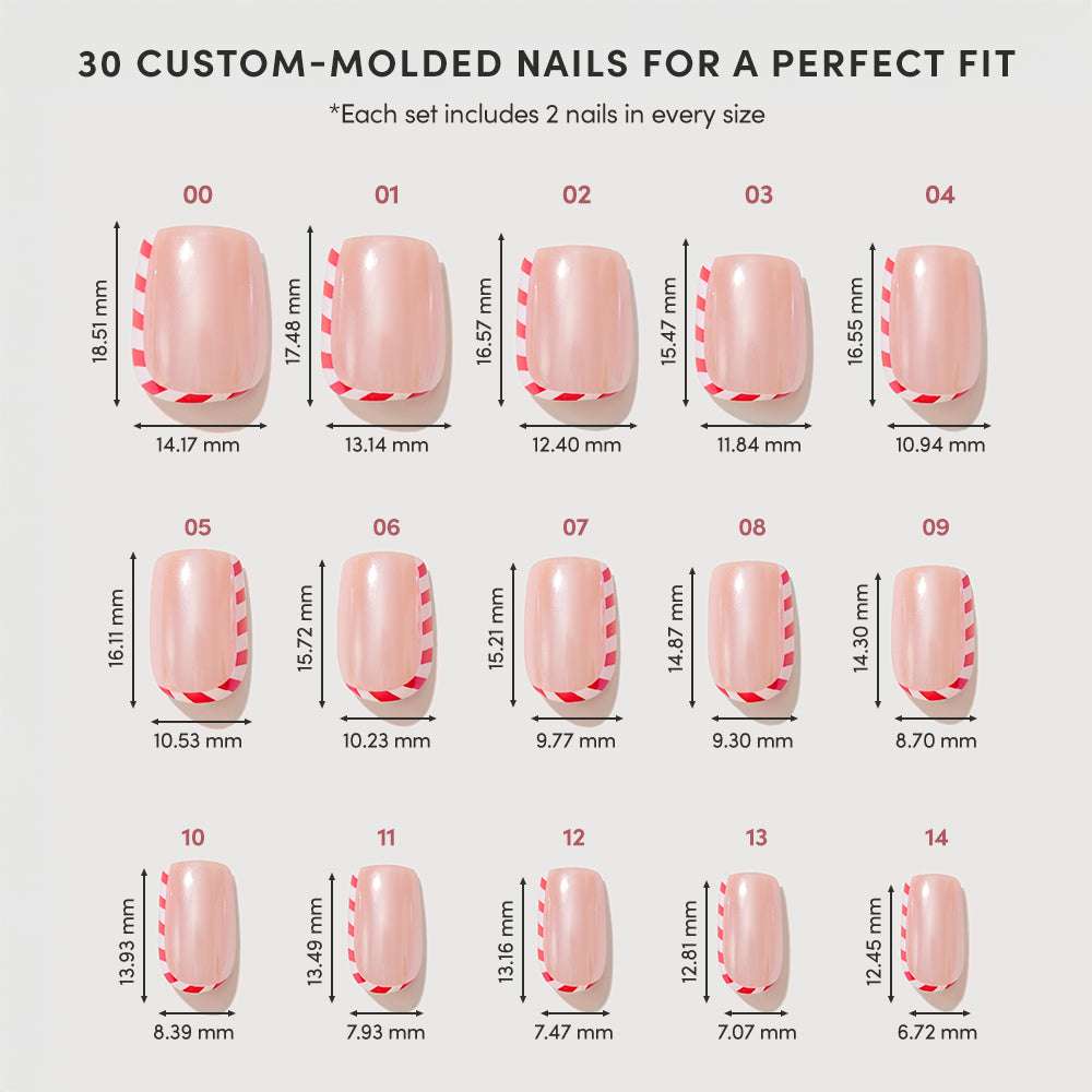 Pretty in Peppermint - A sizing chart for 30 Pretty in Peppermint glamnetic press-on nails, featuring pink glazed nails with red-and-white striped French tips, labeled with their dimensions in millimeters.