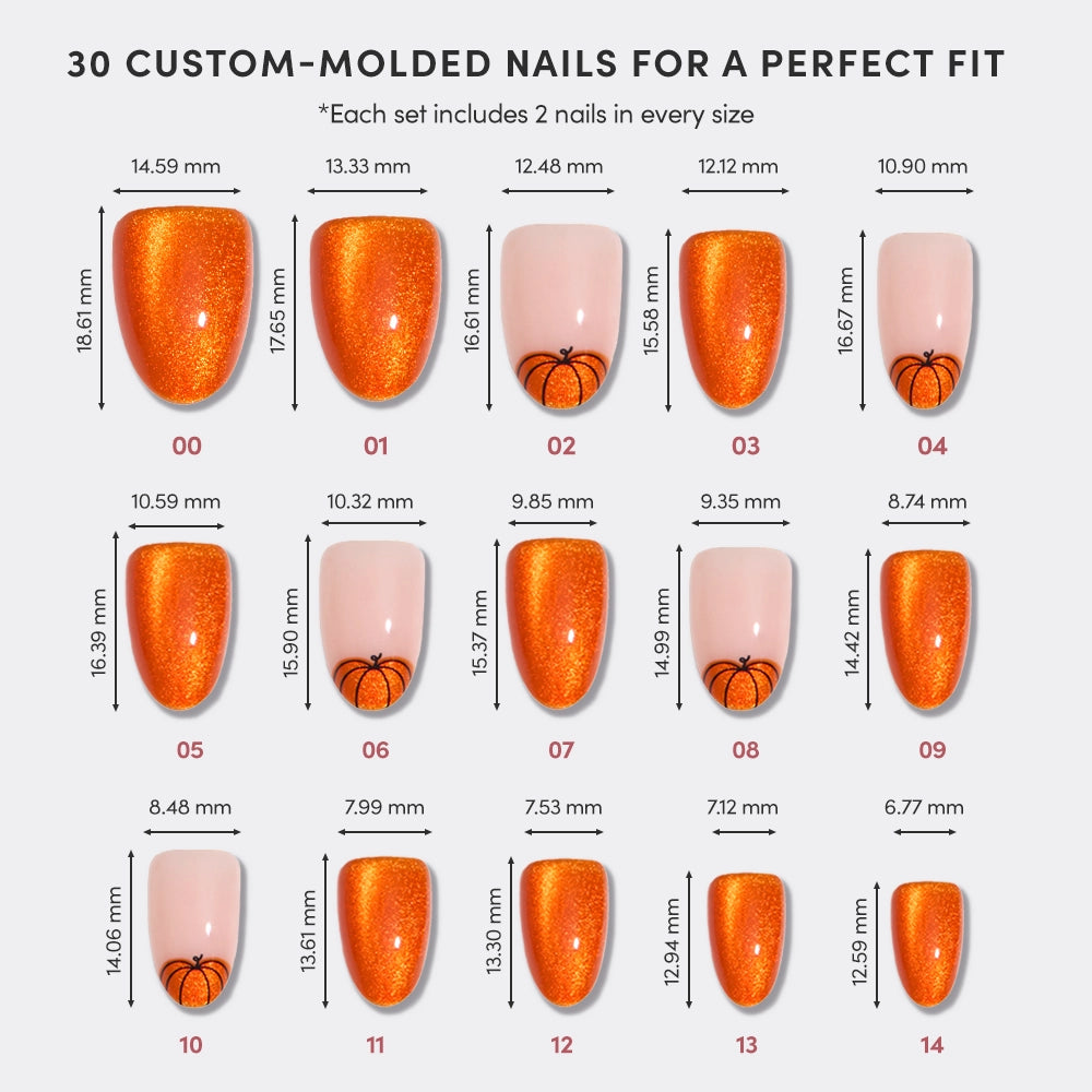 The Pumpkin Patch Nail Set by glamnetic includes 15 custom-molded nails in assorted sizes, featuring pumpkin orange velvet, glitter or clear styles, and black pumpkin art. Each nail displays its exact width and length in millimeters. - Product image