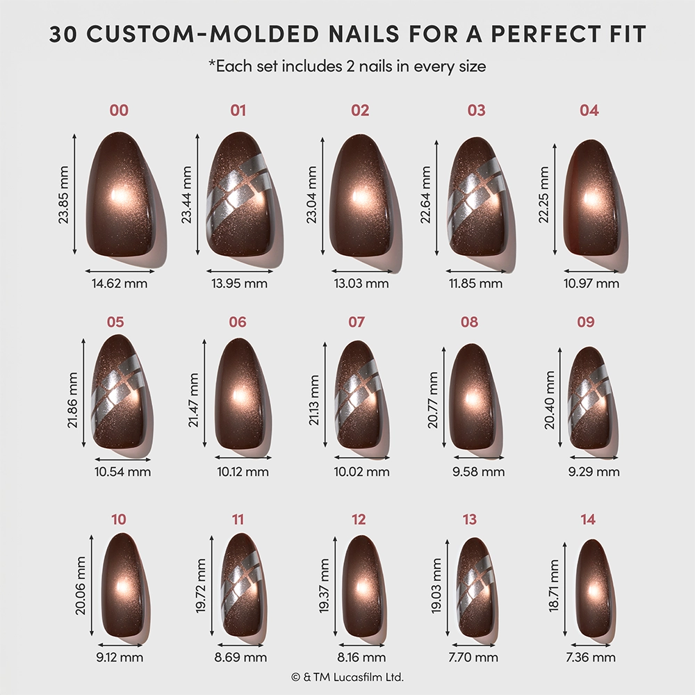 Chart displaying glamnetic’s Punch It, Chewie set: 30 custom-molded vegan and cruelty-free press-on nails, presented in five rows of six. Each nail is shown with millimeter measurements for length and width, in various sizes. The nails feature a glossy brown finish accented by a metallic stripe, evoking a Chewbacca-inspired Star Wars aesthetic. - Product image
