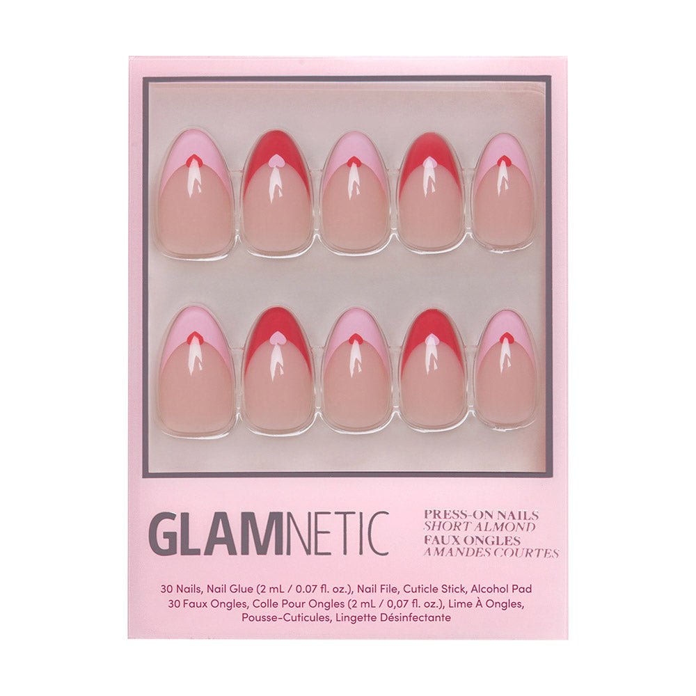 The glamnetic Pure Hearted press-on almond nails in short length feature pink and red French tips with heart accents—ideal for Valentine’s Day. Each box includes 30 nails, nail glue, a cuticle stick, file, and alcohol pad.