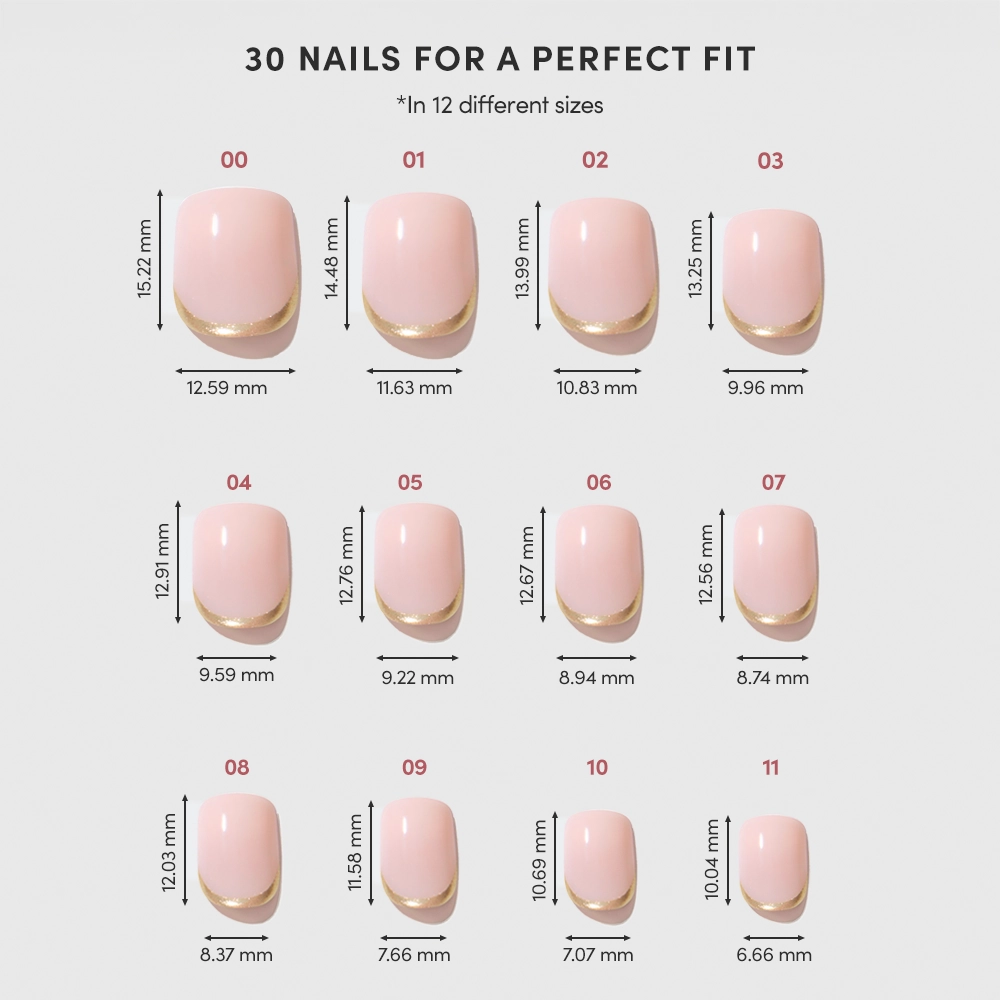The glamnetic Quiet Luxury set features gold French tip press-on nails in 12 numbered sizes, each showing length and width in millimeters, neatly arranged in three rows on a white background. - Product image