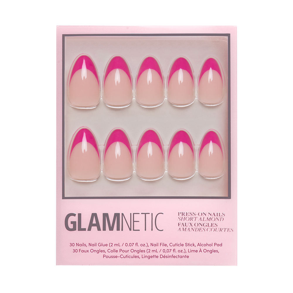The glamnetic Raspberry Sorbet set features almond-shaped press-on nails in nude with magenta-pink French tips. Each box includes 30 nails, nail glue, a file, cuticle stick, and alcohol pad. - Product image