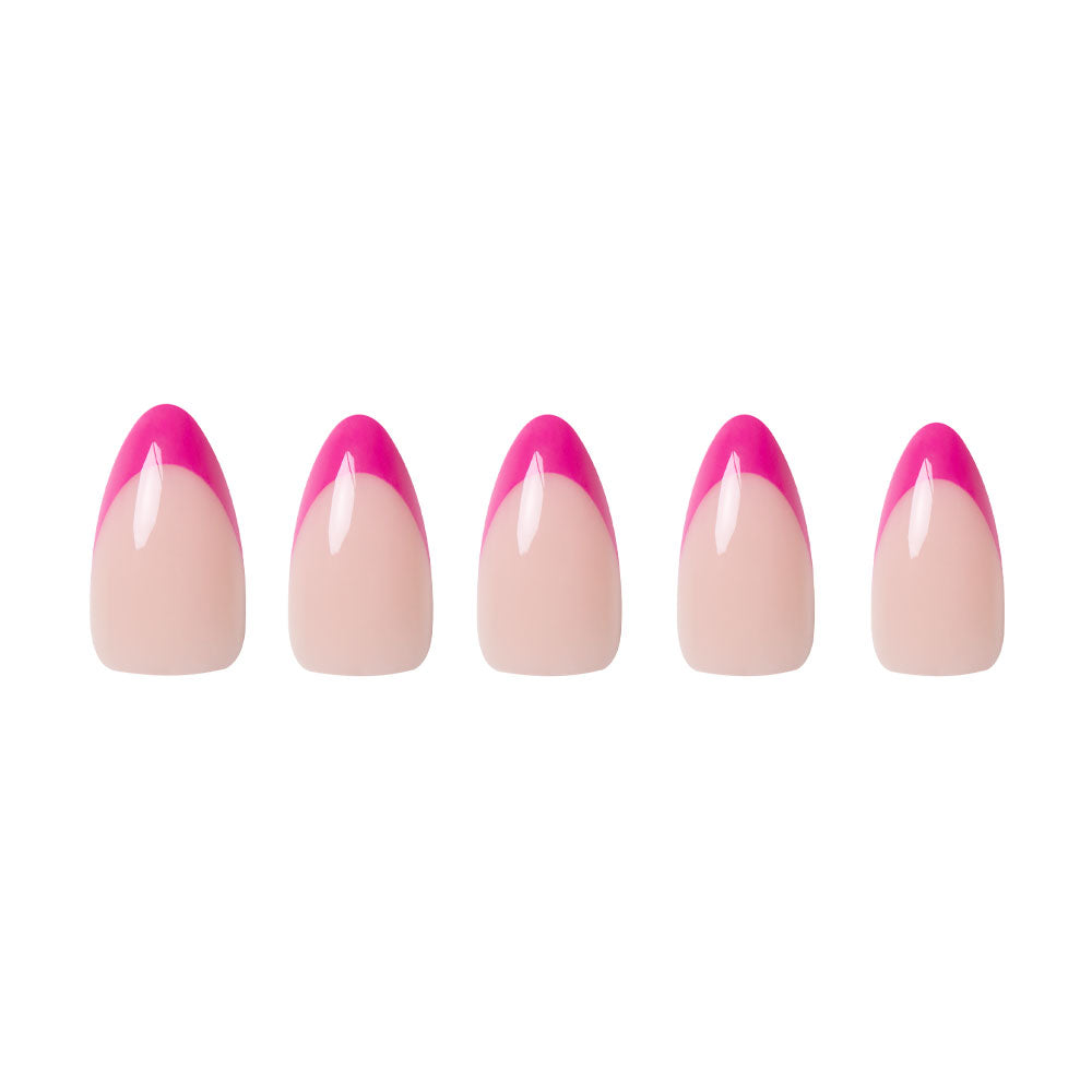 Five almond nails in a row feature nude bases with magenta-pink French tips, shown on a white background—introducing glamnetic’s Raspberry Sorbet set. - Product image