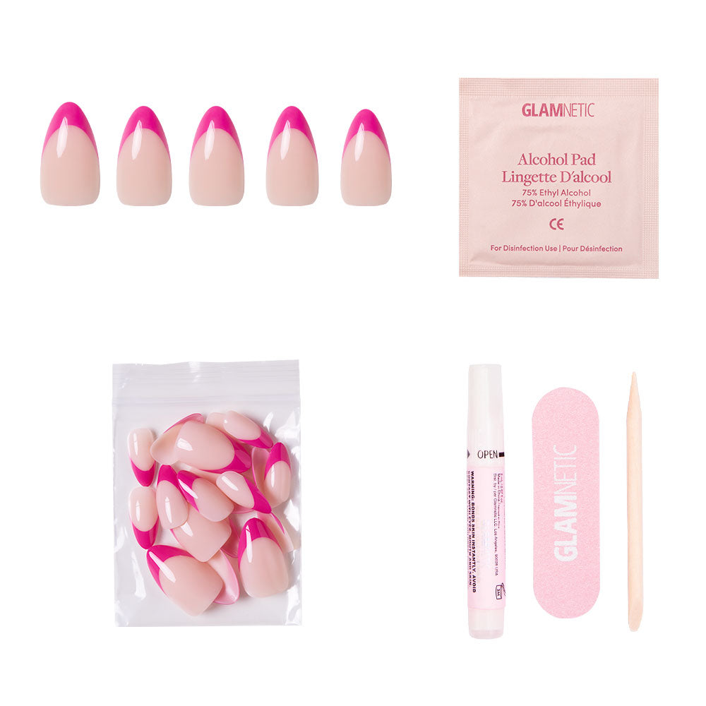 The glamnetic Raspberry Sorbet Nail Set includes almond nails with magenta-pink French tips, a pink nail file, nail glue, wooden cuticle stick, alcohol pad, and extra nails—all displayed on a white background. - Product image