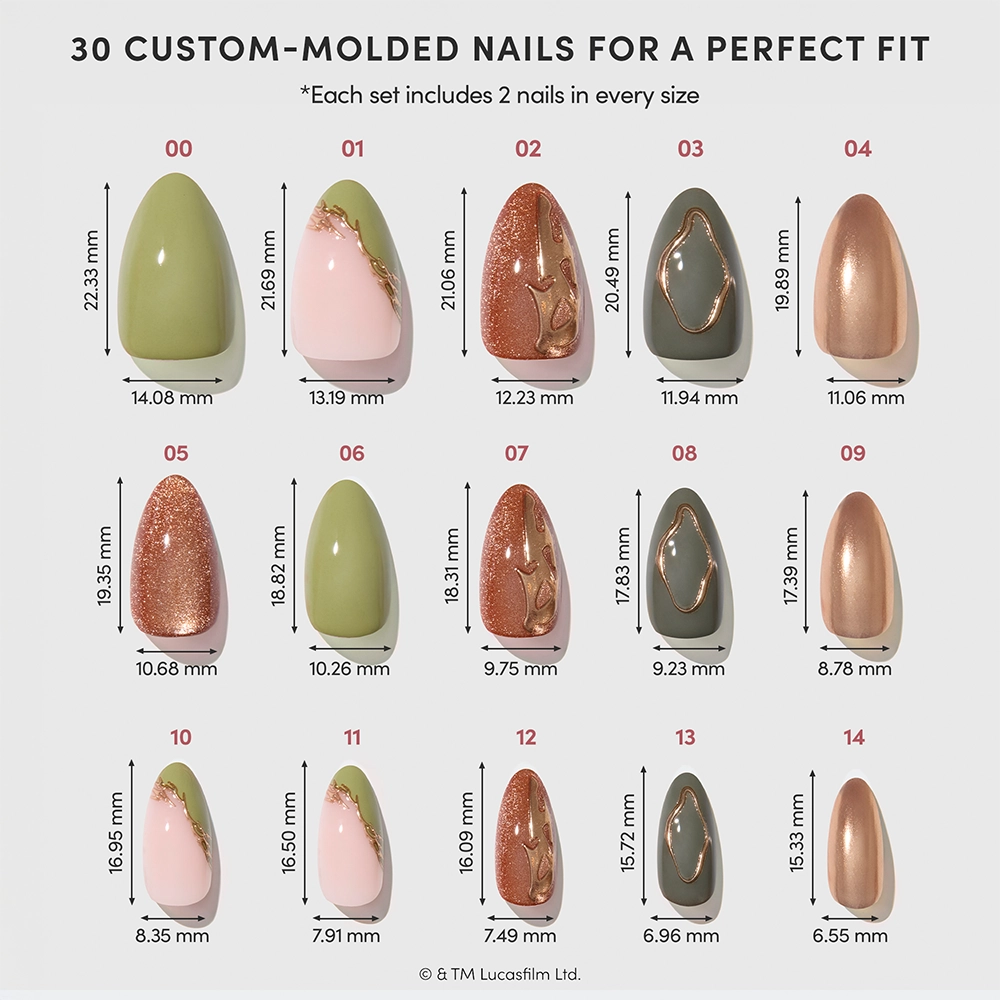 Rebellion - The glamnetic Rebellion Press-On Nail Set features 30 custom-molded, short almond nails in multiple sizes, with each size clearly labeled in millimeters. The set includes a vibrant mix of colors and designs—green, pink, bronze, and marble—for a salon-quality look that matches any style. Enjoy both variety and convenience right at your fingertips with this versatile set.