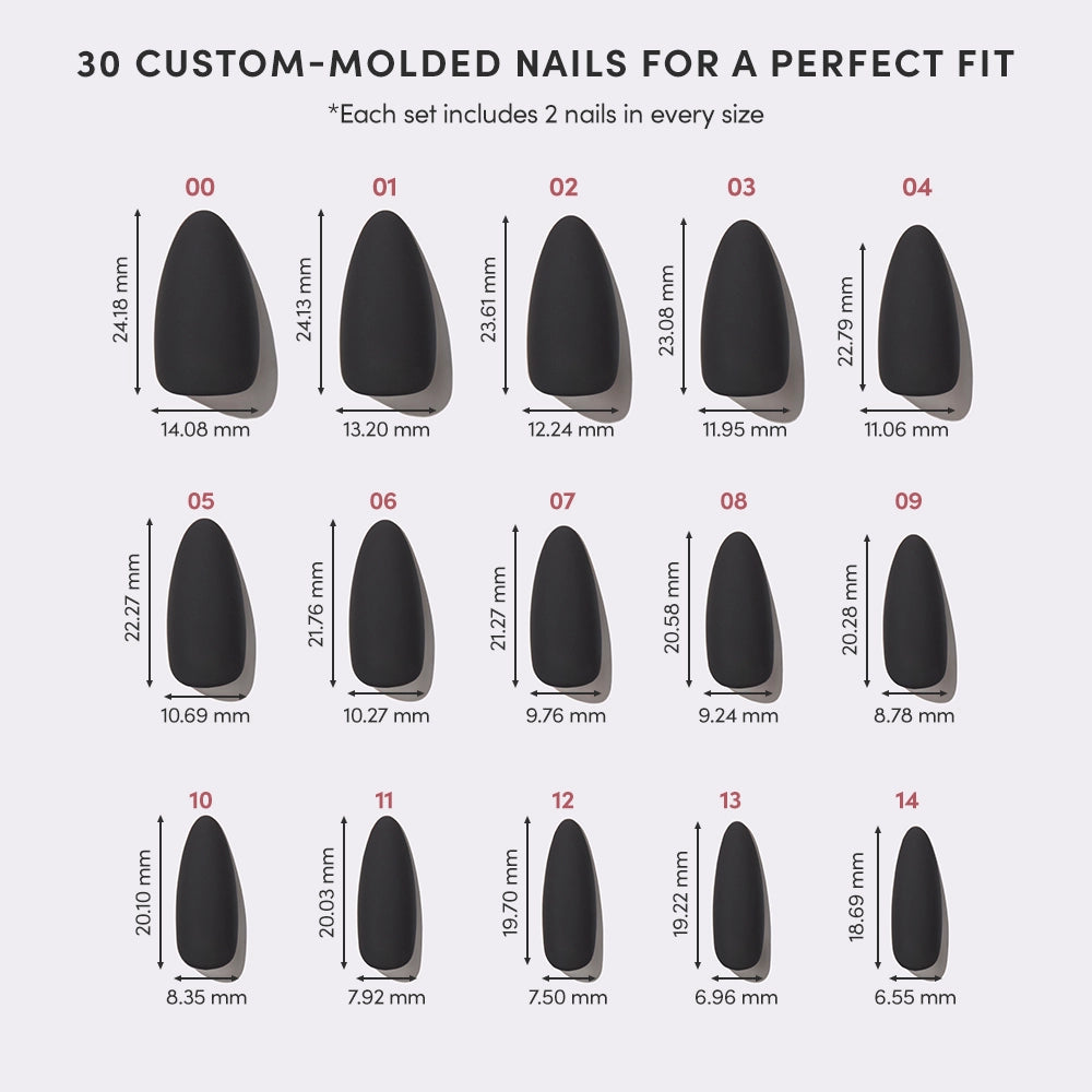 A chart displays 15 sizes of glamnetic’s Red Bottom luxury press-on nails in black matte almond style, each labeled (01–15) with widths in millimeters to fit various nail shapes and sizes. - Product image
