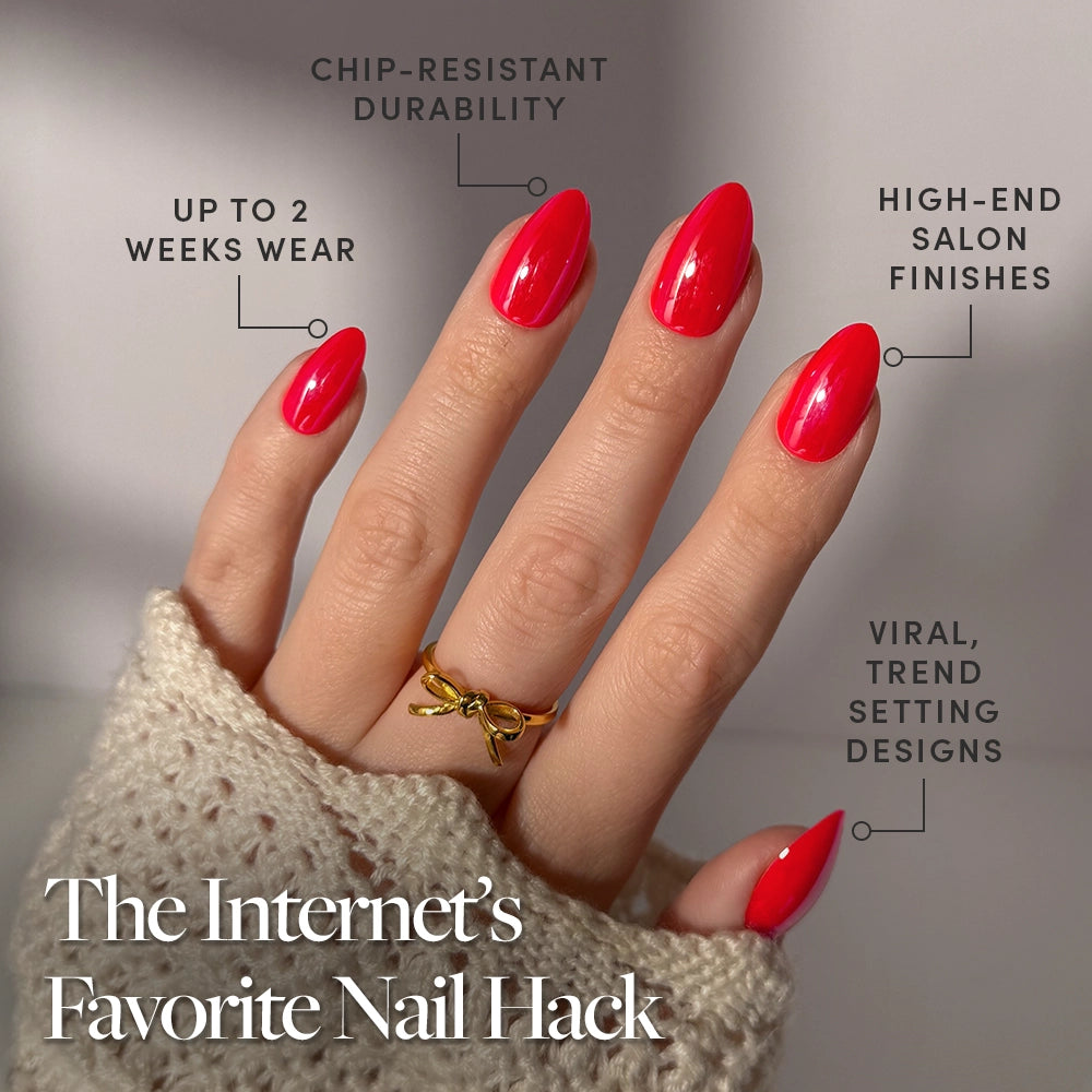 A hand with bright red, short almond "Red Flag" press-on nails by glamnetic is shown, each labeled chip-resistant, up to 2 weeks wear, salon finish, and viral designs. Text reads: The Internet’s Favorite Nail Hack. - Product image