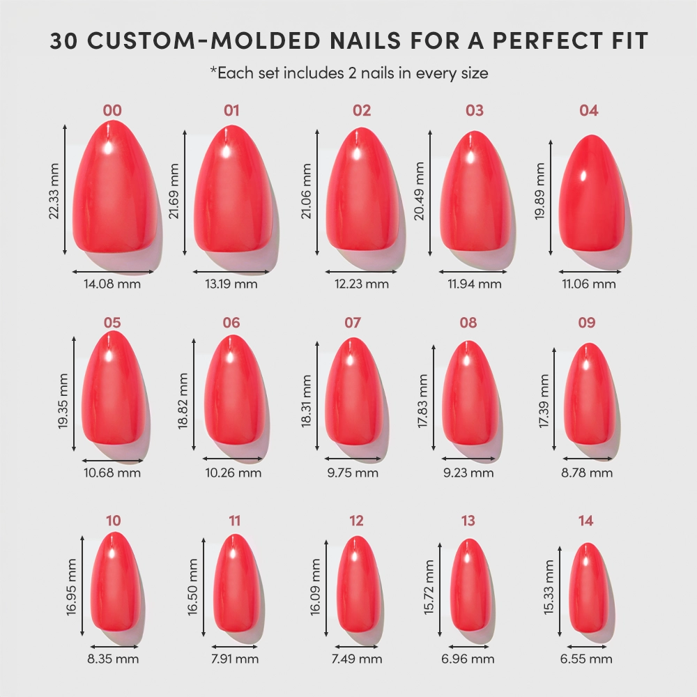 A chart of glamnetic’s Red Flag short almond press-ons in glazed red shows 15 sizes labeled by number, each with width and length in mm, arranged in three rows—vegan, cruelty-free nails for a perfect fit. - Product image