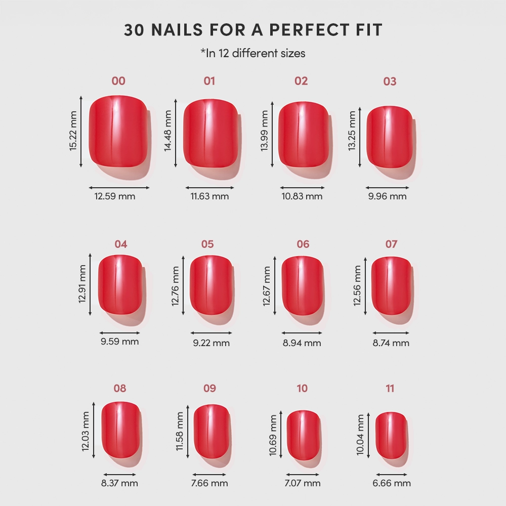 A chart displays 12 sizes of glamnetic Red Legacy press-on nails, labeled 00 to 11, with each width and length in millimeters. Above, the text says: 30 Nails for a Perfect Fit—find your match with these super short press-ons. - Product image