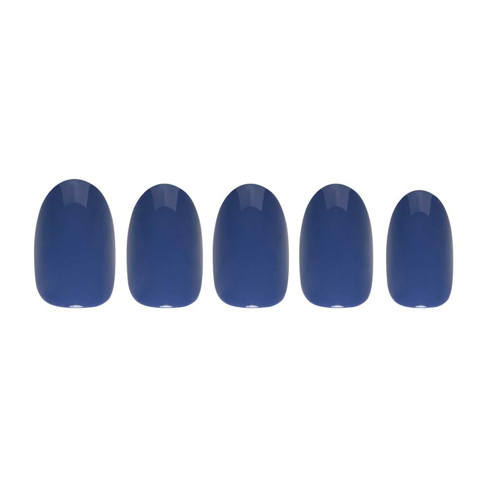 Five artificial nails in a row, each painted with Regal Blue for a striking, glossy finish, displayed on a white background. - Product image