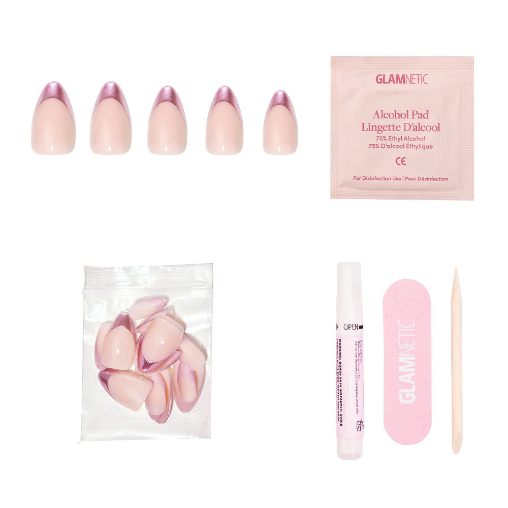 The glamnetic Rock Candy Nail Set includes five pink and purple short almond nails with chrome rose gold French tips, an alcohol pad, extra nails, nail glue, a pink file, and a cuticle stick on a white background. - Product image