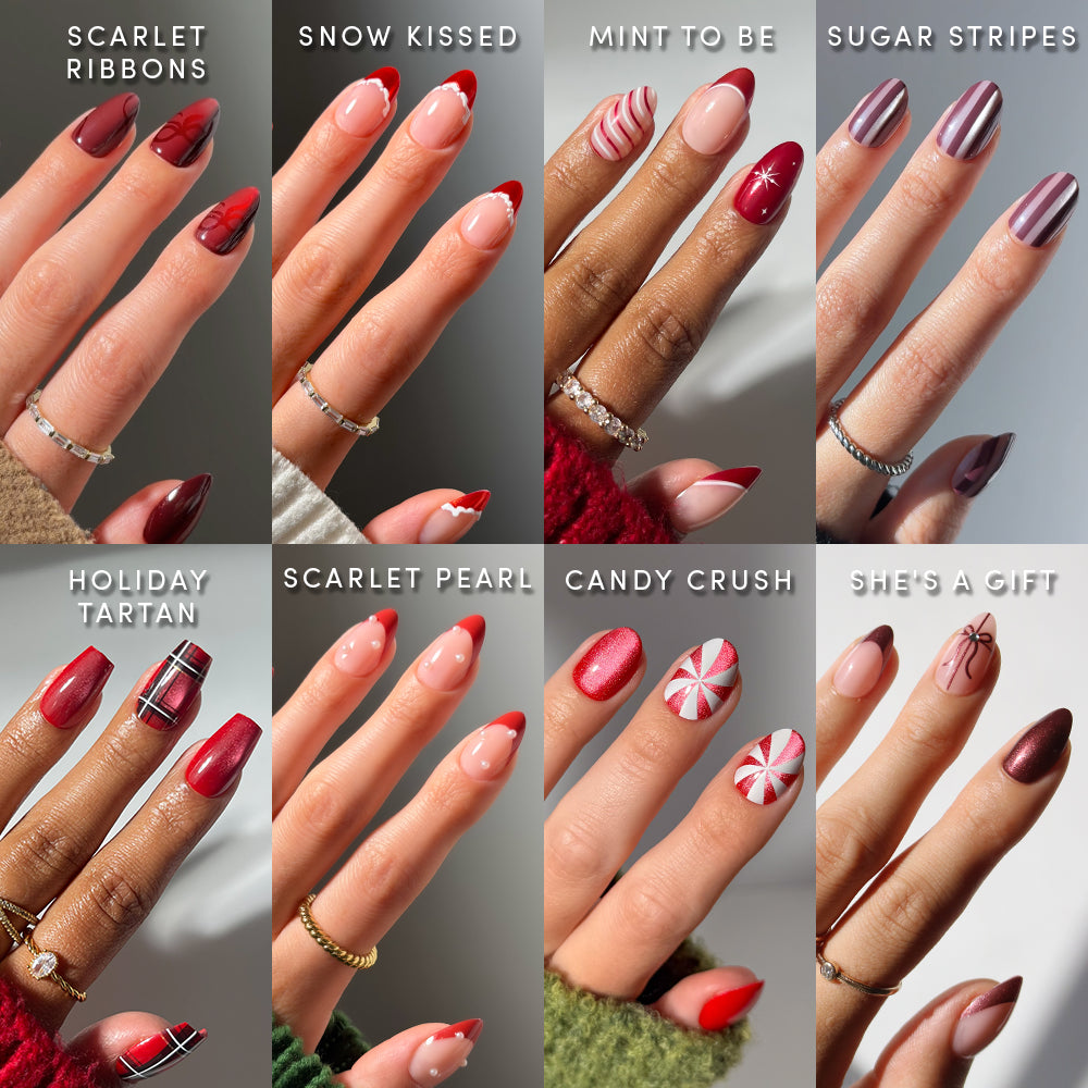 Eight hands showcase an array of festive nail designs—stripes, plaid, candy cane, bows, and shimmer—each style labeled: Scarlet Ribbons, Snow Kissed, Mint to Be, Sugar Stripes, Holiday Tartan, Scarlet Pearl, Candy Crush, and She’s a Gift. The Rockefeller Reds bundle by glamnetic offers salon-quality results with easy-to-apply press-on nails in vibrant reds perfect for every holiday celebration. - Product image
