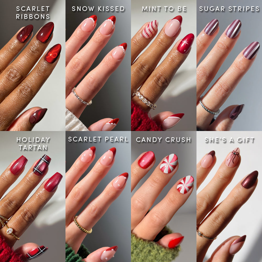 Eight hands showcase an array of festive nail designs—stripes, plaid, candy cane, bows, and shimmer—each style labeled: Scarlet Ribbons, Snow Kissed, Mint to Be, Sugar Stripes, Holiday Tartan, Scarlet Pearl, Candy Crush, and She’s a Gift. The Rockefeller Reds bundle by glamnetic offers salon-quality results with easy-to-apply press-on nails in vibrant reds perfect for every holiday celebration.