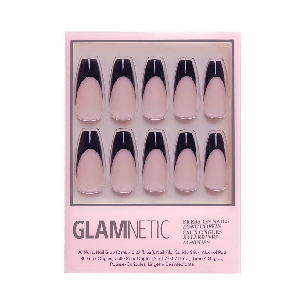 A box of glamnetic Rogue long coffin nails, with a pink base and black French tip. Vegan and cruelty-free, it includes 10 visible nails, nail glue, and a cuticle stick. - Product image