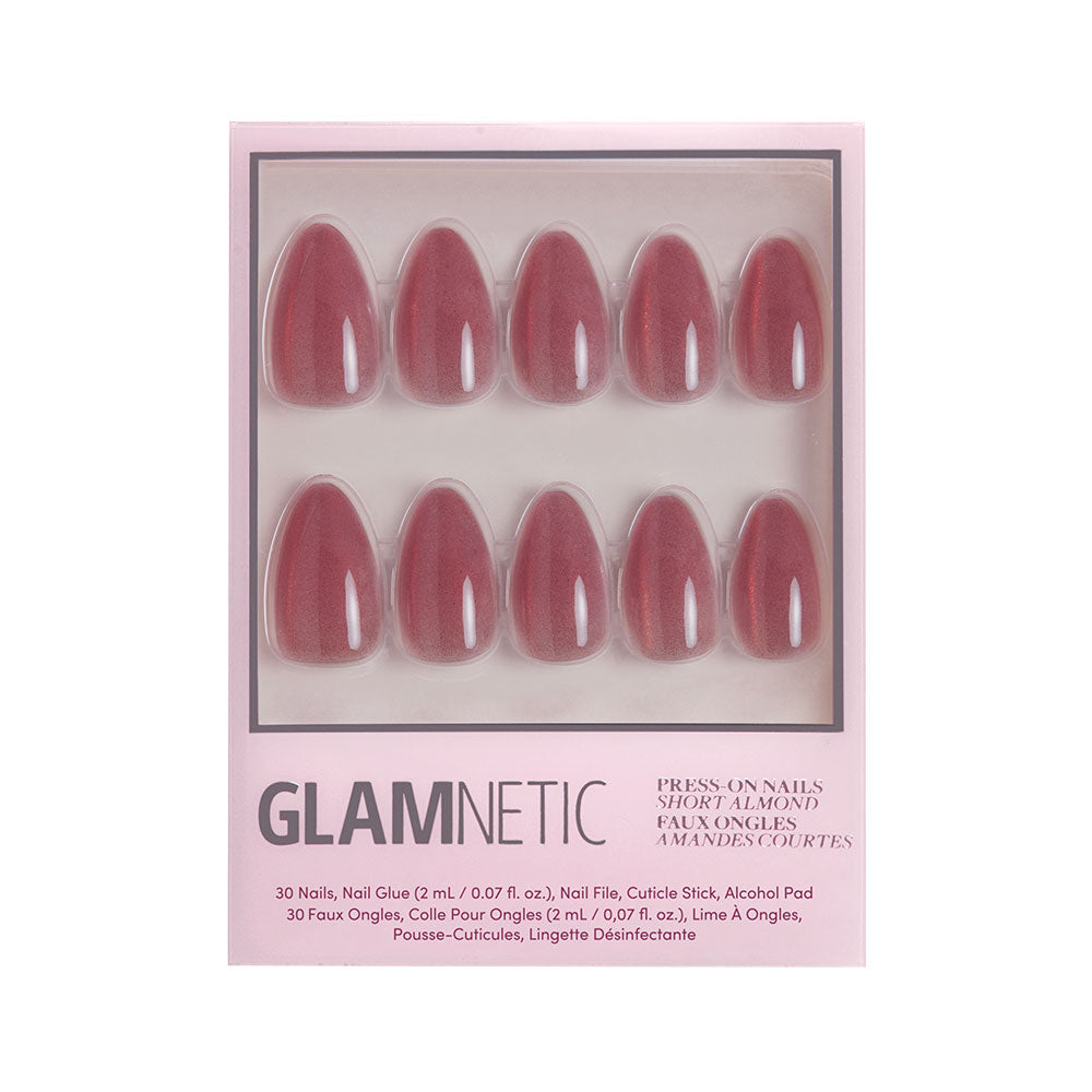 A box of glamnetic Rosé press-on nails in a short almond shape with a glossy mauve-pink shade. The package displays 10 nails in two rows inside a clear window for easy viewing. - Product image
