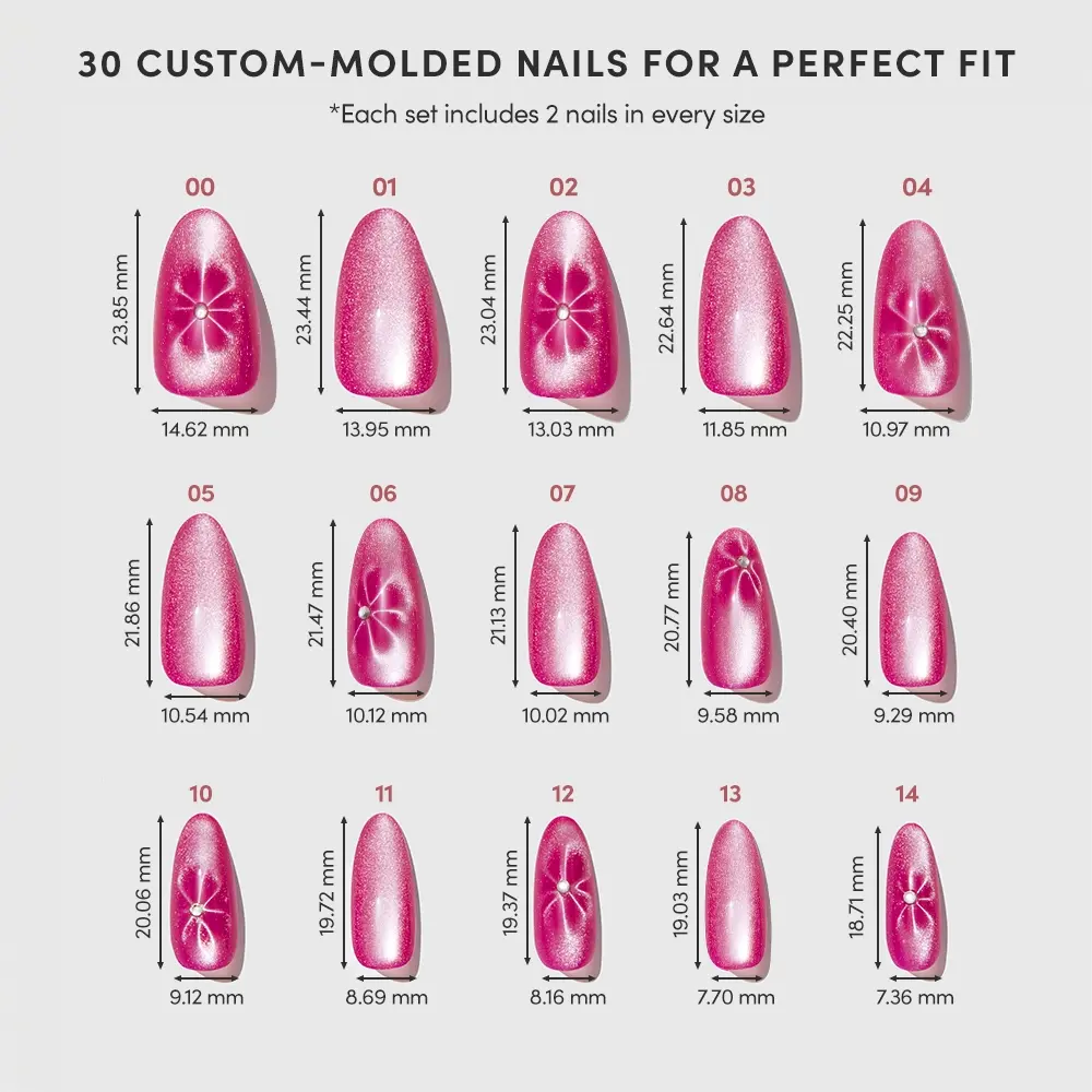 The glamnetic Rosy Siren chart shows 30 magenta rose nails in different sizes, each marked with millimeter length and width, offering custom-molded options and 8 elegant floral nail design accents for a perfect fit. - Product image