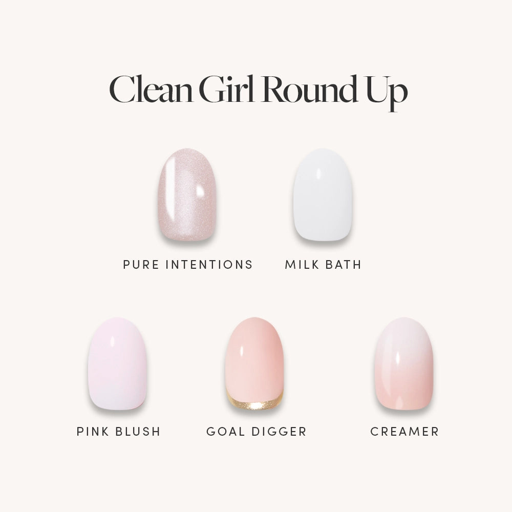 Five glamnetic nail polish swatches—Pure Intentions, Milk Bath, Pink Blush, Goal Digger, and Creamer—are displayed in two rows on a light background under the title Clean Girl Round Up. These shades from glamnetic offer perfect inspiration for achieving salon-quality nails or selecting your next set of short round press-on nails. - Product image