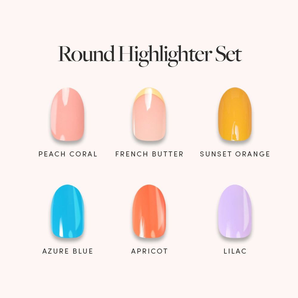 A product color chart for a 'Round Highlighter Set' showing six oval-shaped highlighter tips in different pastel and bright shades: Peach Coral, French Butter, Sunset Orange, Azure Blue, Apricot, and Lilac, labeled with their names on a light cream background. - Product image