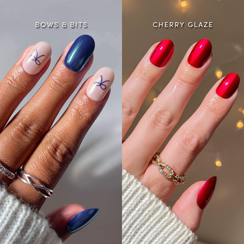 Round the Tree - A split image of Glamnetic Round the Tree short round press-on nails: on the left, pale pink nails with blue bow accents paired with dark blue nails; on the right, solid metallic red nails.
