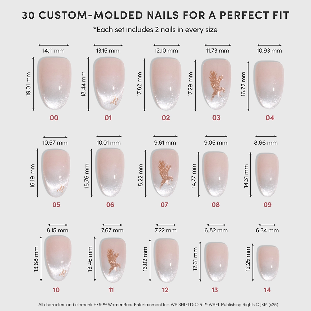 A chart showcasing 15 pairs of glamnetic Rowena Ravenclaw™ custom-molded velvet oval nails in nude-pink, each featuring subtle leaf designs. Every nail is labeled with its number and millimeter dimensions above. - Product image