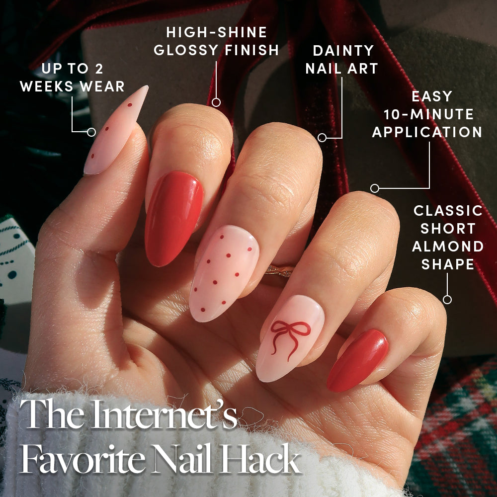 Royal Ribbons - A hand displays Glamnetic Royal Ribbons press-on nails in a short almond shape with red and cream polka dots and a small bow design, accompanied by text overlays highlighting their finish, durability, and application time.